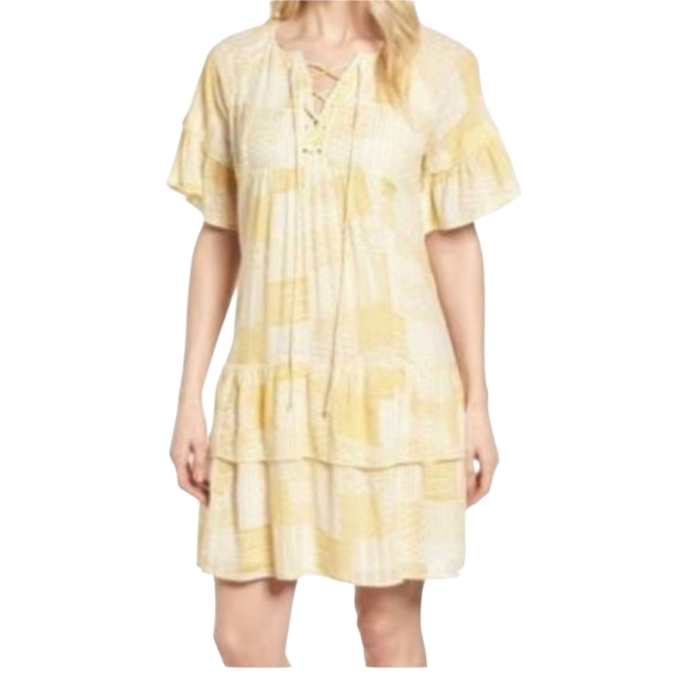 Caslon Yellow Lace Up Tiered Dress Size Medium
